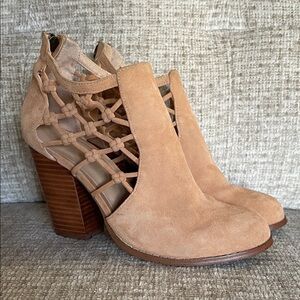 Joe's Jeans Suede Leather Camel Heeled Booties with Cutout Lattice Design, 7